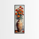 Orange Marigolds in Vase Painted on Textured Canvas, Tall and Narrow Framed Art, Botanical Art Print for Kitchen, Gallery Art, Moody Art