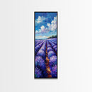Expansive Lavender Fields Under a Bright Sky, Skinny and Tall Art, Bold Framed Canvas Print, Landscape Wall Art