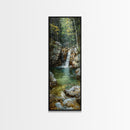 Framed Canvas Print Skinny Art of a Serene Waterfall Cascading into a Tranquil Pool in a Lush Forest Landscape, Perfect Tall Art for Nature Lovers
