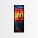 Desert Landscape with Saguaro Cactus Silhouette Against a Fiery Sunset on a Framed Canvas Print Skinny Art Piece