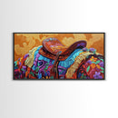 Western Saddle, cowboy art, rustic western decor, saddle painting, framed canvas print, boho art, extra wide art, gift idea him