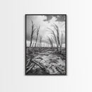 Windblown Trees, stormy sky, moody landscape, wabi sabi art, black and white, framed canvas print, rustic decor, nature photography