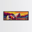 Western horse, saddle, cowboy, sunset, rustic wall art, panoramic art, framed canvas print, extra wide art, horse wall art