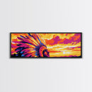 Sunset Warrior, bold colors, chicano art, moody art, pink orange wall art, framed canvas print, extra wide art, above sofa art