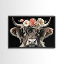 Framed Highland Cow With Flowers Painting canvas print Farmhouse art Cattle Wooden background Country wall art Cow print Rustic Wall Art