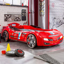 BiTurbo Red Twin-Size Race Car Bed with Remote, LED Lights and Sound Effects