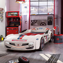 BiTurbo White Twin-Size Race Car Bed with Remote, LED Lights and Sound Effects