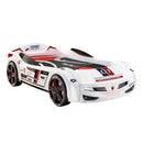 BiTurbo White Twin-Size Race Car Bed with Remote, LED Lights and Sound Effects