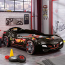 BiTurbo Black Twin-Size Race Car Bed with Remote, LED Lights and Sound Effects