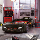 BiTurbo Black Twin-Size Race Car Bed with Remote, LED Lights and Sound Effects