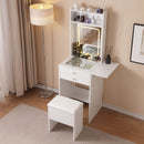 Vanity Desk with Lighted Mirror, Makeup Vanity Desk with Drawers and Storage Cabinet  for Bedroom, Glass Desktop, 3 Lighting Modes Adjustable Brightness, Storage Stool, White