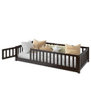 Twin Size Floor Bed with Fence and Door,Rubber Wood Floor Bed with Safety Guardrails,Espresso