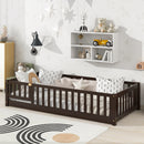Twin Size Floor Bed with Fence and Door,Rubber Wood Floor Bed with Safety Guardrails,Espresso