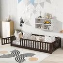 Twin Size Floor Bed with Fence and Door,Rubber Wood Floor Bed with Safety Guardrails,Espresso