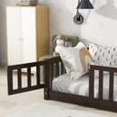Twin Size Floor Bed with Fence and Door,Rubber Wood Floor Bed with Safety Guardrails,Espresso