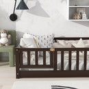 Twin Size Floor Bed with Fence and Door,Rubber Wood Floor Bed with Safety Guardrails,Espresso