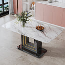 Table and chair set, 1 table with 4 black PU chairs. White imitation marble pattern desktop. Black MDF table legs, gold lines, black base. F-SQ C-007