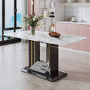 Table and chair set, 1 table with 4 black PU chairs. White imitation marble pattern desktop. Black MDF table legs, gold lines, black base. F-SQ C-007