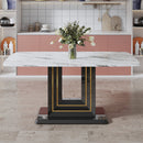 Table and chair set, 1 table with 4 black PU chairs. White imitation marble pattern desktop. Black MDF table legs, gold lines, black base. F-SQ C-007