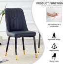 Table and chair set, 1 table with 4 black PU chairs. White imitation marble pattern desktop. Black MDF table legs, gold lines, black base. F-SQ C-007