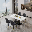 Table and chair set, 1 table with 4 black PU chairs. White imitation marble pattern desktop. Black MDF table legs, gold lines, black base. F-SQ C-007