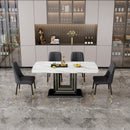 Table and chair set, 1 table with 4 black PU chairs. White imitation marble pattern desktop. Black MDF table legs, gold lines, black base. F-SQ C-007