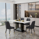 Table and chair set, 1 table with 4 black PU chairs. White imitation marble pattern desktop. Black MDF table legs, gold lines, black base. F-SQ C-007