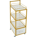 Beauty Salon Storage Trolley Cart,with Lockable Rolling Wheels,Metal Frame Marbled Board,Drawer Barber Salon Furniture,white