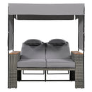 2-Piece Outdoor Rattan Daybed with Bench Lounge Roof Set and Cushions for Poolside, Backyard and Garden