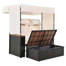 2-Piece Outdoor Rattan Daybed with Bench Lounge Roof Set and Cushions for Poolside, Backyard and Garden