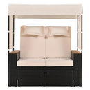 2-Piece Outdoor Rattan Daybed with Bench Lounge Roof Set and Cushions for Poolside, Backyard and Garden