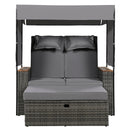 2-Piece Outdoor Rattan Daybed with Bench Lounge Roof Set and Cushions for Poolside, Backyard and Garden