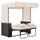 2-Piece Outdoor Rattan Daybed with Bench Lounge Roof Set and Cushions for Poolside, Backyard and Garden