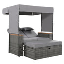 2-Piece Outdoor Rattan Daybed with Bench Lounge Roof Set and Cushions for Poolside, Backyard and Garden