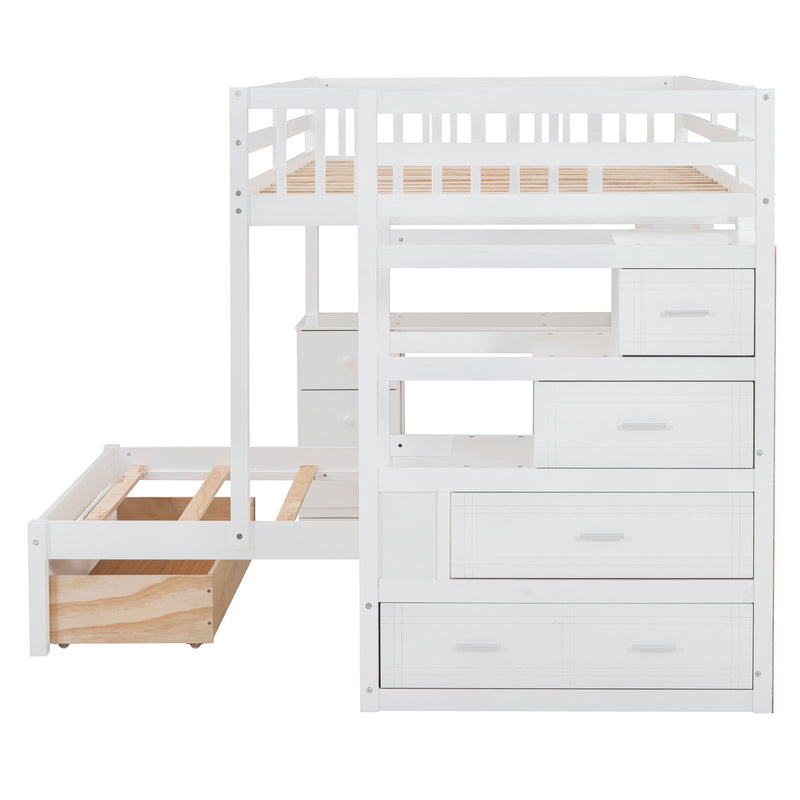 Full Over Twin Bunk Bed with Desk, Drawers and Shelves, White