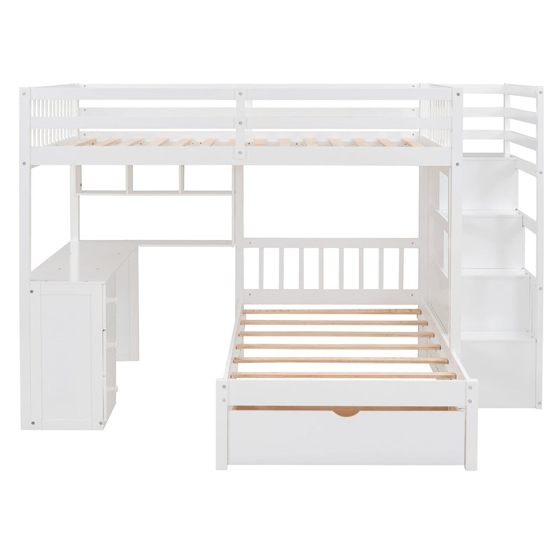 Full Over Twin Bunk Bed with Desk, Drawers and Shelves, White