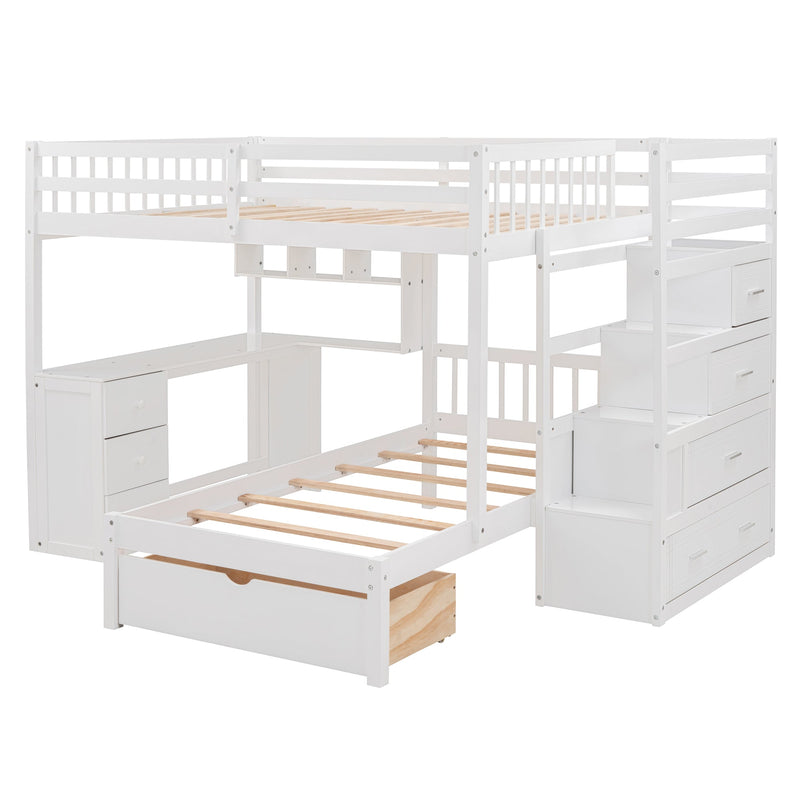 Full Over Twin Bunk Bed with Desk, Drawers and Shelves, White