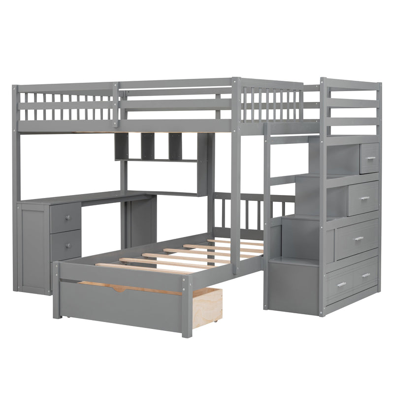 Full Over Twin Bunk Bed with Desk, Drawers and Shelves, Gray