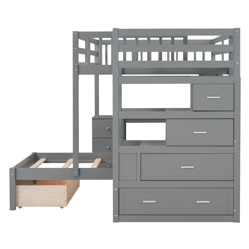 Full Over Twin Bunk Bed with Desk, Drawers and Shelves, Gray