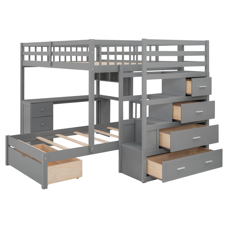 Full Over Twin Bunk Bed with Desk, Drawers and Shelves, Gray