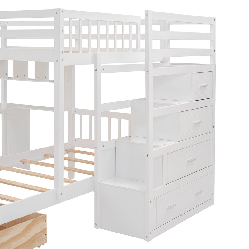 Full Over Twin Bunk Bed with Desk, Drawers and Shelves, White