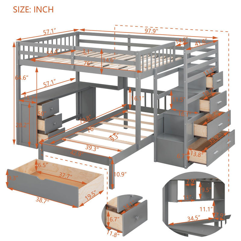 Full Over Twin Bunk Bed with Desk, Drawers and Shelves, Gray