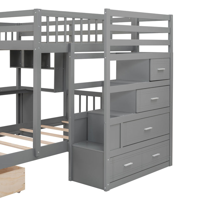 Full Over Twin Bunk Bed with Desk, Drawers and Shelves, Gray