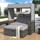 2-Piece Outdoor Rattan Daybed with Bench Lounge Roof Set and Cushions for Poolside, Backyard and Garden