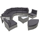 Elegant Patio Furniture Set Outdoor Daybed Rattan Sectional with Cushions and Center Table, Grey, Iron + Rattan
