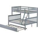 Twin Over Full Rubber Wood Bunk Bed with Trundle, Convertible Ladder and Guardrail, Detachable, Convertible Bed, with Twin Size Trundle  ,Grey