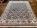 Indo Persian Rug 8x10, Repeated Allover Pattern, Navy Blue Ivory, Handmade Vintage Wool Carpet