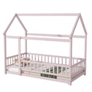 Twin Size House Floor Wooden Bed with Roof Frame,Safety Guardrails,Pink