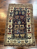 Antique Caucasian Kazak Rug 2.5 x 4, Navy Blue and Ivory, Hand Knotted Handmade Wool Rug