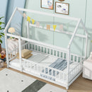 Twin Size House Floor Wooden Bed with Roof Frame,Safety Guardrails,White